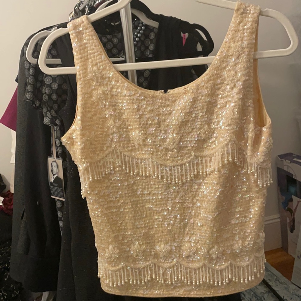 Hand full fashioned cream wool hand beaded vintage dress sleeveless top size s